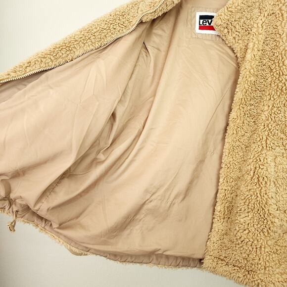 Levi's Teddy Sherpa Fleece Full Zip Jacket Sesame Brown Tan Medium Cinched NEW - Picture 15 of 16